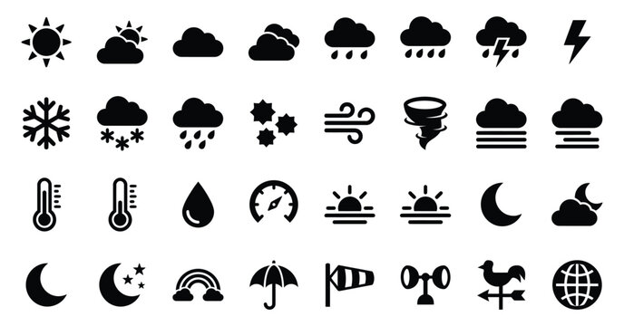 Set of black weather icons representing various atmospheric conditions including sun clouds rain snow and wind