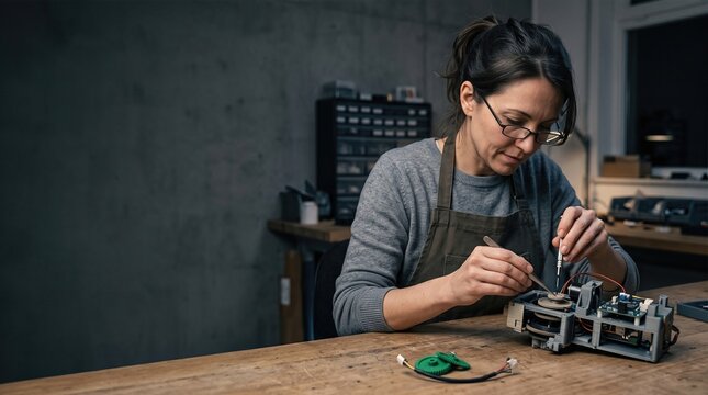 Woman founder repairing a prototype after a setback