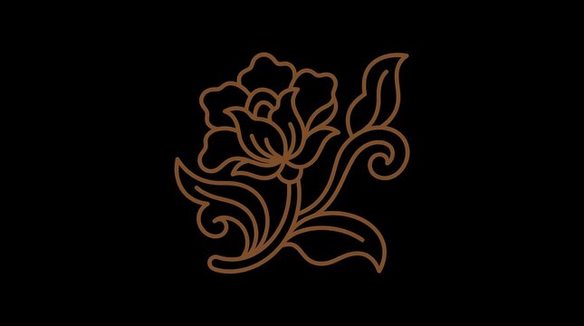 Golden line art flower illustration on black background.