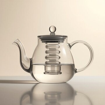 Modern transparent glass teapot with removable infuser filter. Elegant minimalist tea maker on reflective surface, premium kitchenware product design on beige background