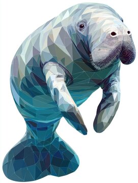 Low Poly Geometric Manatee Illustration In Shades Of Blue Isolated On A White Background