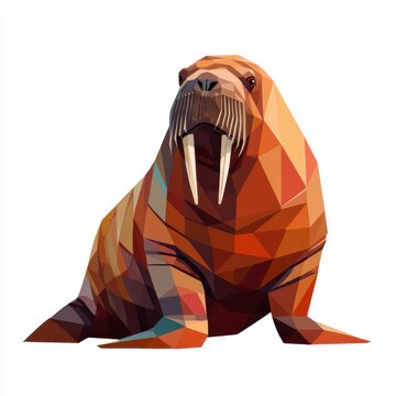Low Poly Geometric Walrus Illustration With Vibrant Warm Tones And White Tusks Against Plain Background