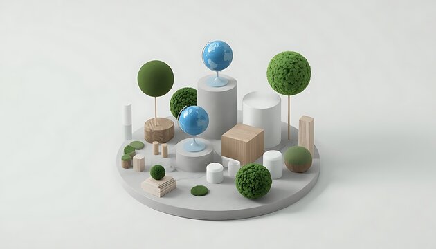 3D isometric render of a stylized artificial ecosystem with miniature trees and globes
