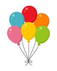 6 balloons. Colorful birthday balloon bouquet. Six festive balloons with heart highlights and tied strings in red, pink, blue, yellow, green and orange. design for party, greeting card, invitation © Mirikiteki
