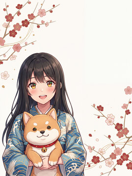 年賀状スタイル戌と少女