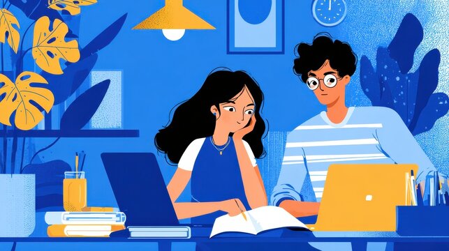 social media online content, freelance worker, working online, content creator, woman using laptop, man reading blog online on computer