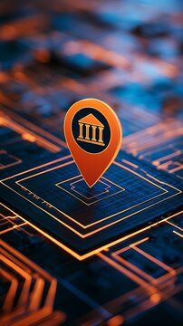 Digital banking and fintech concept with location pin on microchip background