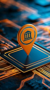 Digital banking and fintech concept with location pin on microchip background
