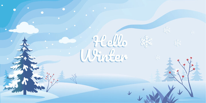 Hello Winter Banner with Snowy Landscape, Pine Trees, Snowflakes and Minimal Flat Vector Illustration 