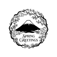 Spring greetings vector emblem featuring mount fuji and blooming cherry blossoms © sagor