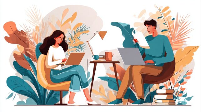 social media online content, freelance worker, working online, content creator, woman using laptop, man reading blog online on computer