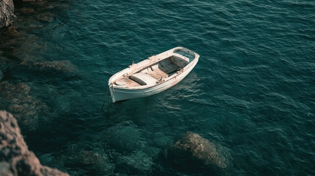 A small white rowboat drifts peacefully on clear turquoise water near a rocky shore.