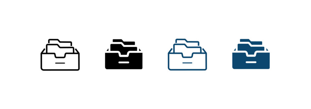File storage icon set featuring folders and documents. Concepts related to office systems, business records, databases, and digital file management.