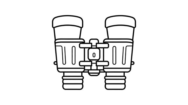 Minimalist binoculars line art illustration, simple optical field glasses icon, black and white vision equipment drawing for travel and exploration
