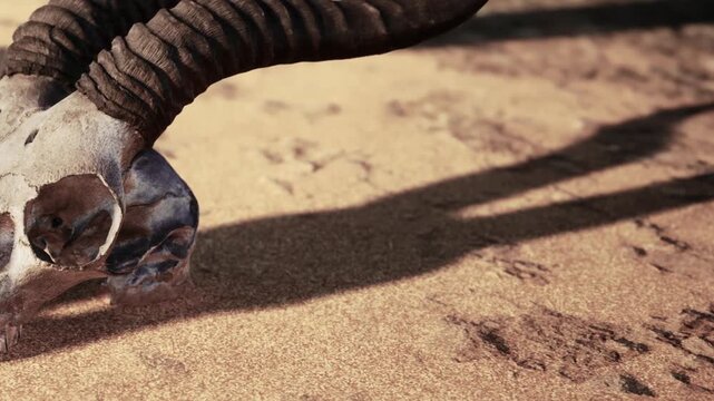 A skull with large horns lies on sandy ground in a dry desert area. The sun casts shadows on the sand, highlighting the texture and colors. This scene captures a moment in nature.
