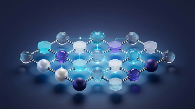 Isometric 3d grid layout of connected glass spheres and translucent hexagonal modules for blockchain network