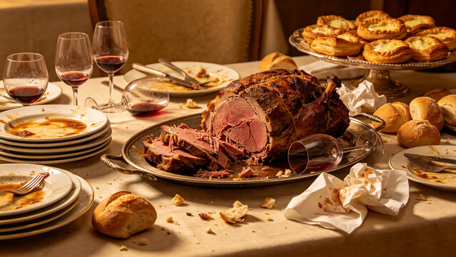 Wide still-life of overloaded banquet table after long meal, torn roast, stacked plates, scattered bread, tipped wine glasses and pastries, gluttony mood