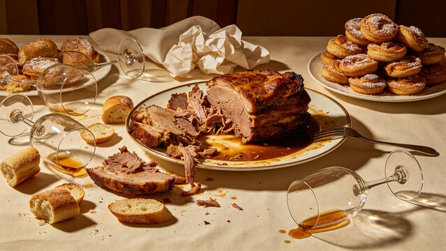 Wide still-life of overloaded banquet table after long meal, torn roast, stacked plates, scattered bread, tipped wine glasses and pastries, gluttony mood
