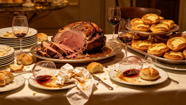 Wide still-life of overloaded banquet table after long meal, torn roast, stacked plates, scattered bread, tipped wine glasses and pastries, gluttony mood