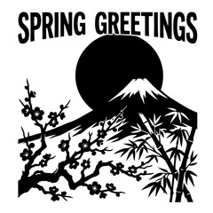Spring greetings mountain landscape with sun plum blossoms and bamboo silhouette © robin
