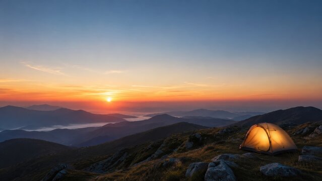 Camping tent at sunrise over mountain panorama