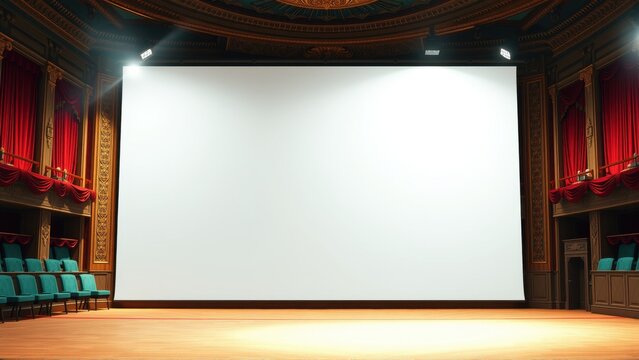 Empty movie theater interior. Bright screen dominates space. Red curtains frame sides. Seats visible below. Dramatic lighting creates mood.
