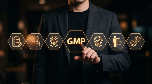 Businessman touching GMP good manufacturing practice quality standard icon