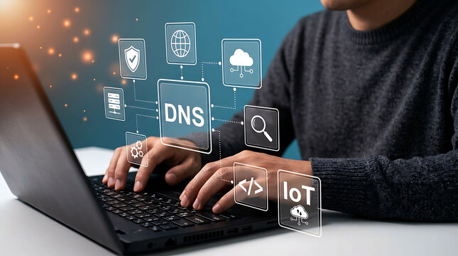Man working on laptop with DNS domain name server system and network technology