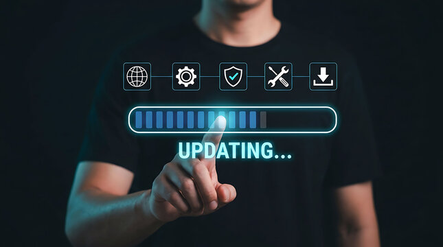 System update and software installation progress with loading bar on virtual screen