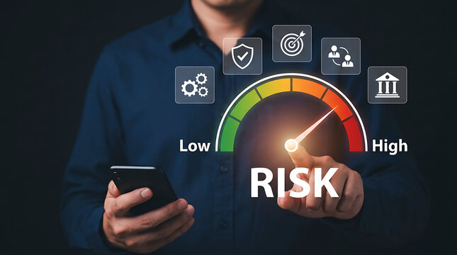 Businessman touching high risk level meter for financial management and analysis