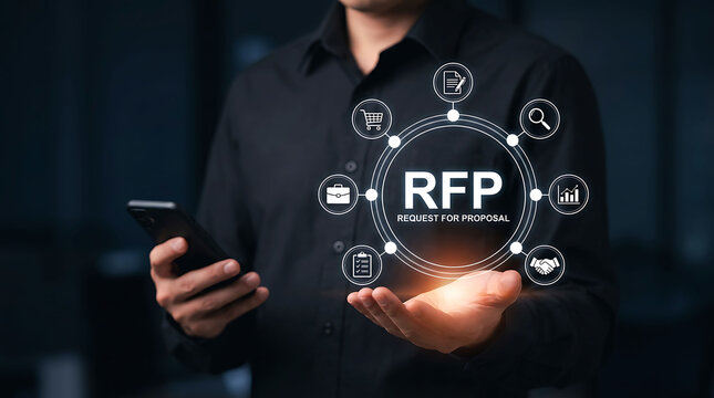 Businessman holding RFP Request For Proposal icon concept for business bidding