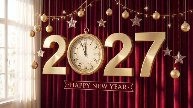 Golden 2027 New Year Celebration with Hanging Clock and Red Curtains