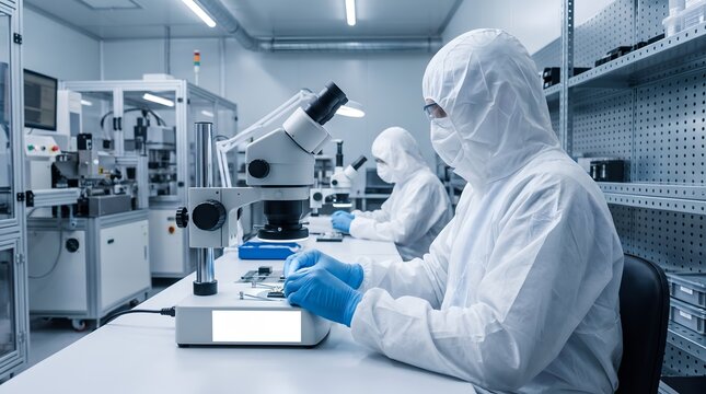 Engineer in protective gear performing precise optical inspection with microscope in electronics clean room.