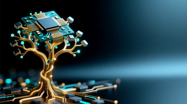 High angle shot of abstract microchip tree growing on dark circuit board background, representing semiconductor industry growth concept with ample copy space