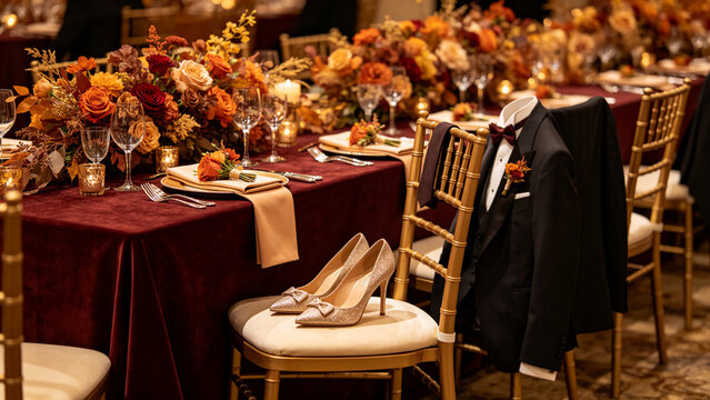 Formal dinner place setting with corsage, bow tie, high heels and dress, fall dance preparation concept