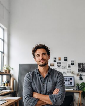 Confident man standing in a modern creative studio office