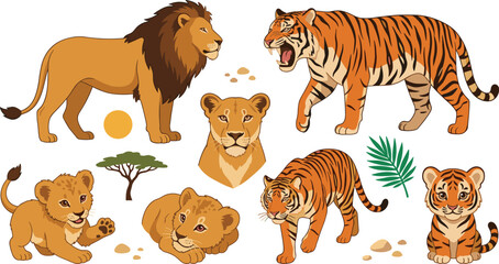 Obraz premium Wild Lion and Tiger Character Collection with Adult Animals and Cute Cubs for Safari, Wildlife, Zoo, Children’s Books and Illustrations
