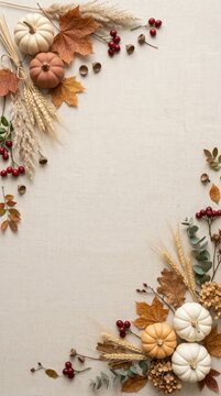 Minimalist vertical fall flat lay frame with pale pumpkins and pampas grass on copy space