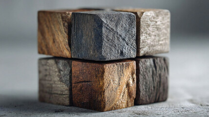 Naklejka premium Textured Wooden Cubes Stacked in Macro Close-up. Generated by AI.