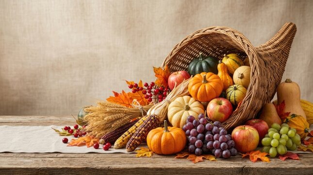 Thanksgiving cornucopia with pumpkins and apples with table edge copy space