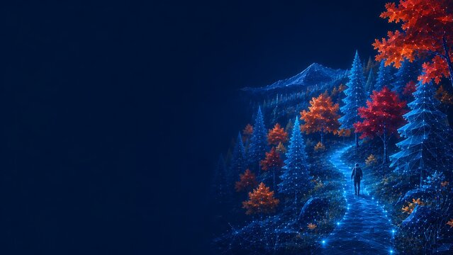 Winding forest trail path through glowing autumn trees and pine woods at night. autumn fall season landscape illustration colorful environment background wallpaper. autumn. fall season