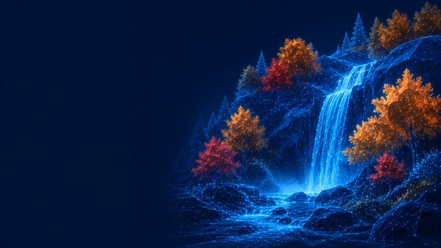 Bright blue waterfall flowing through an enchanted forest with orange autumn foliage. autumn fall season waterfall landscape illumination mystical wilderness environment. autumn. fall season