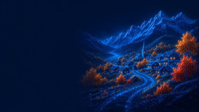 Majestic snowy mountains towering over a valley village with autumn trees. autumn fall season mountain mountains settlement mystical landscape wilderness environment. autumn. fall season
