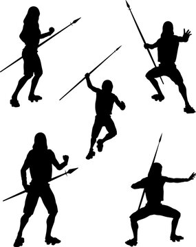 Bold black silhouette of a warrior holding a spear in a dynamic pose. Ideal for historical, fantasy, or emblematic design projects requiring strong visual symbolism.