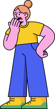 Modern illustration of an anxious woman standing with hand on hip while nervously biting her fingernails, representing stress, worry, and nervous habit concepts.
