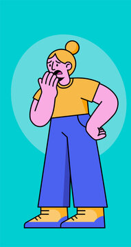 Modern illustration of an anxious woman standing with hand on hip while nervously biting her fingernails, representing stress, worry, and nervous habit concepts.