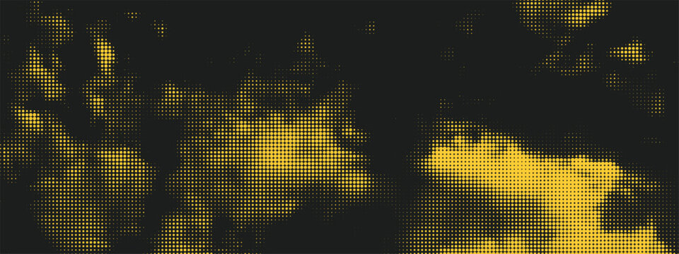 Grunge halftone dots overlay background with smoke or cloud texture of yellow and black. Ideal for modern design, UI elements, or creative background projects requiring retro inspired texture.