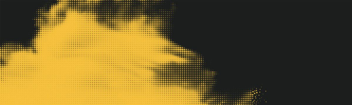 Grunge halftone dots overlay background with smoke or cloud texture of yellow and black. Ideal for modern design, UI elements, or creative background projects requiring retro inspired texture.