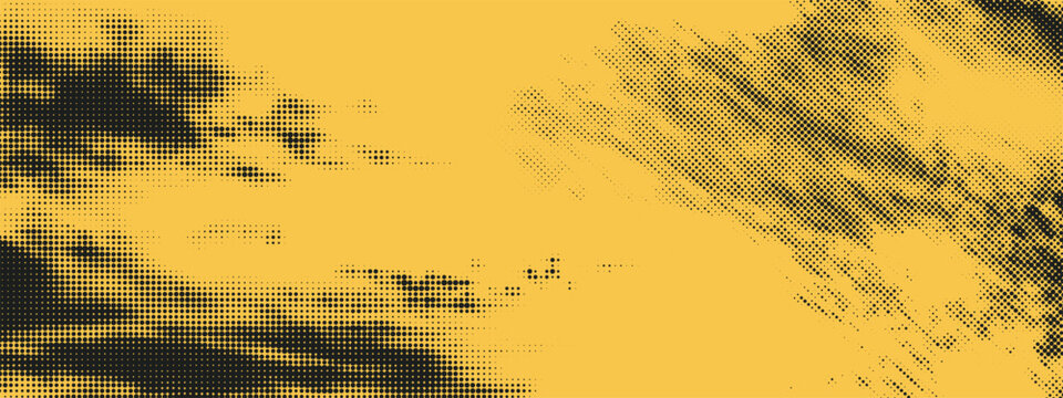 Grunge halftone dots overlay background with smoke or cloud texture of yellow and black. Ideal for modern design, UI elements, or creative background projects requiring retro inspired texture.