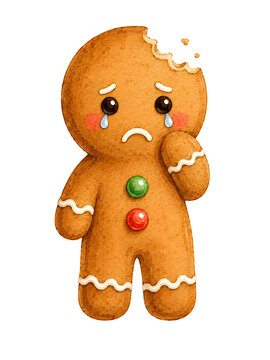 Cute sad gingerbread man cookie with a small bite mark on the top of his head, decorated with colorful buttons and white icing. 